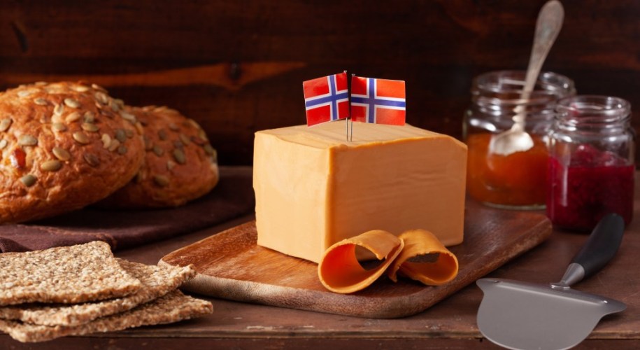 Norwegian Food Items on a table with Norwegian flag